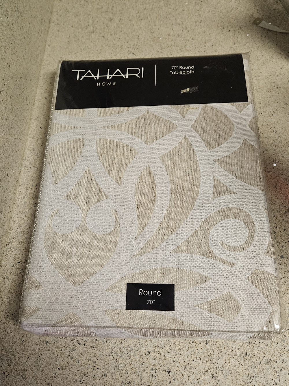 Tahari Home 70" Round Tablecloth - Beige and White Scroll